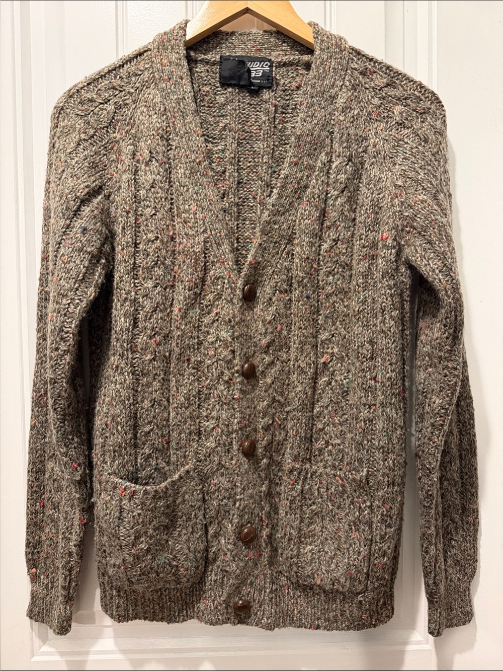 Brown Flecked Cable Knit Cardigan with Patch Pockets - Wool Blend - L